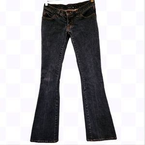 FRANKIE B 1990S VINTAGE DARK DENIM WIDE LEG LOW WAISTED HIP HUGER JEANS.SIZE XS/